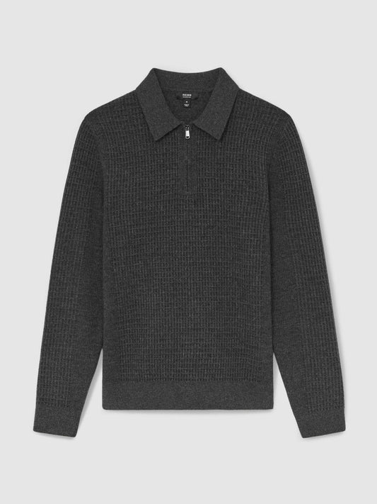 Wool Waffle-Knit Half-Zip Polo Shirt Charcoal Grey | Mens