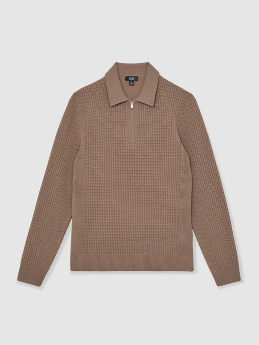 Wool Waffle-Knit Half-Zip Polo Shirt Camel Brown | Mens