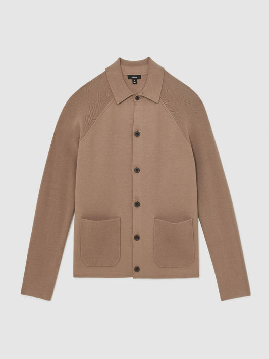 Button-Through Ribbed-Sleeve Shirt Camel Brown | Mens
