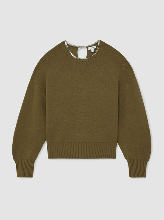 Wool-Blend Necklace-Trim Jumper with Cashmere Sage Green | Womens