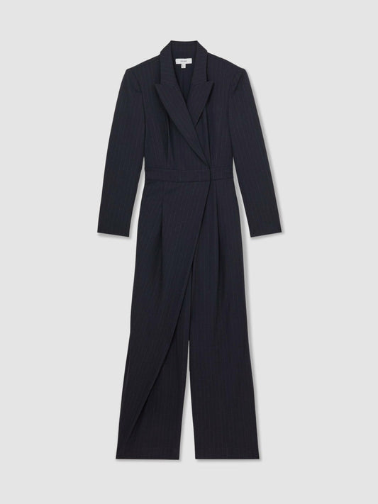 Pinstripe Tailored Wide-Leg Jumpsuit with Wool Navy | Womens