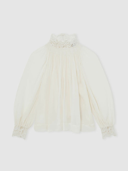 Lace-Trim Draped Chiffon Top Cream | Womens
