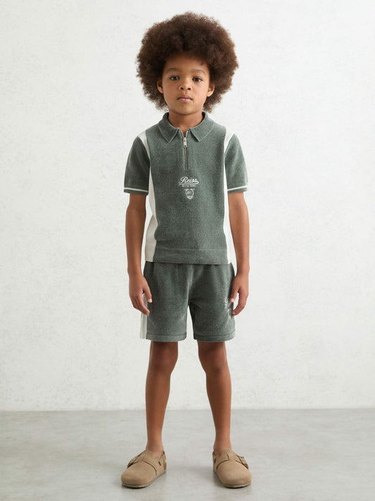 13-14 yrs Chenille Tipped Motor Cars Shorts Dark Sage Green/White | Children