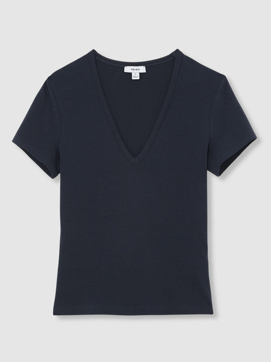 Stretch Cotton V-Neck T-Shirt Navy | Womens