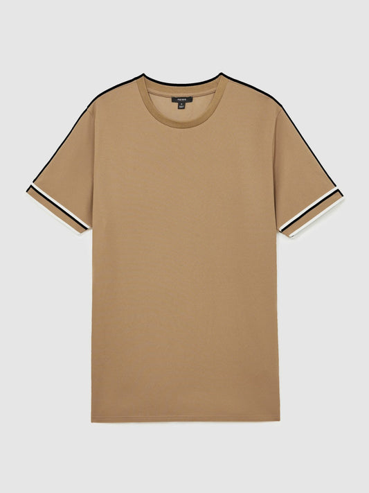 Textured Crew-Neck Tipped T-Shirt Camel Brown | Mens