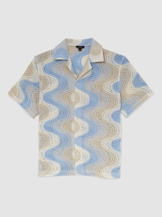 Wave Crochet Cuban Collar Shirt Blue Multi | Mens