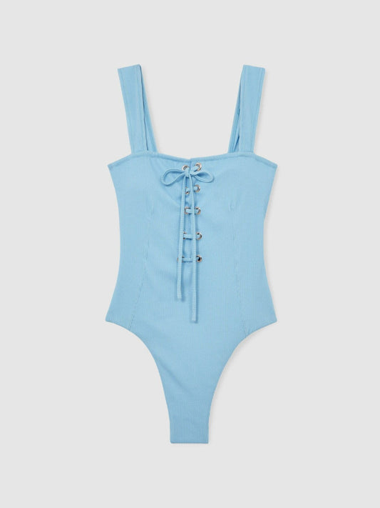 Ribbed Lace-Up Swimsuit Blue | Womens