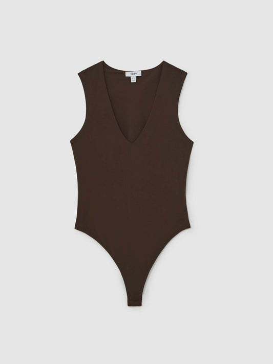V-Neck Sleeveless Bodysuit Chocolate Brown | Womens