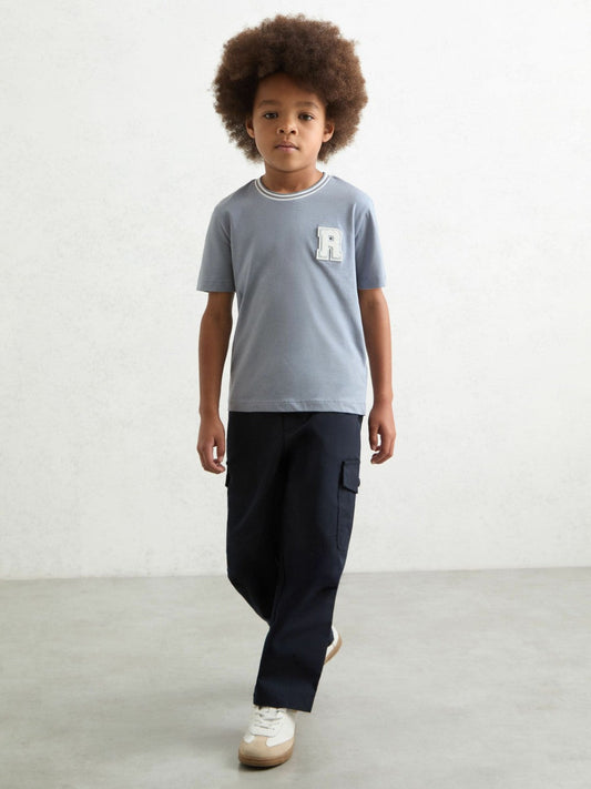 13-14 yrs Cotton Letter Patch T-Shirt Airforce Blue | Children