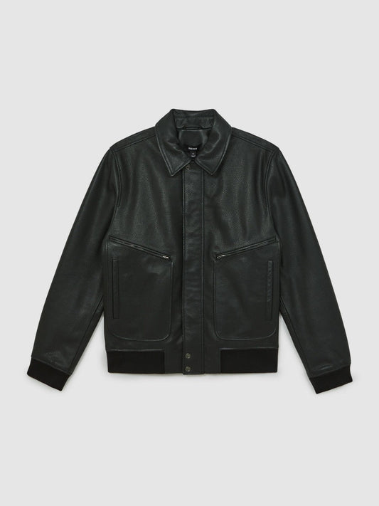 Grained Leather Zip Through Jacket Black | Mens