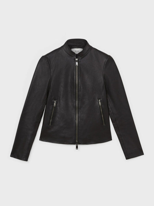 Leather Collarless Biker Jacket Black | Womens
