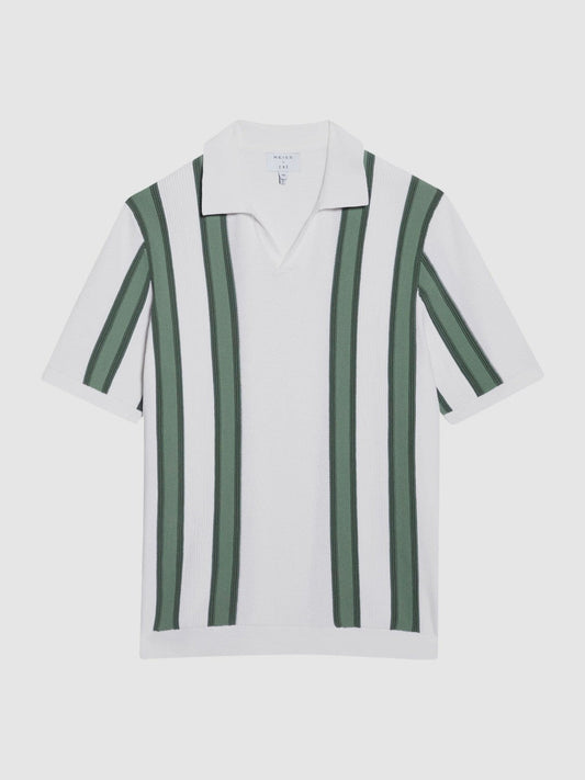 Open Collar Striped Polo T-Shirt White/Sage | Mens