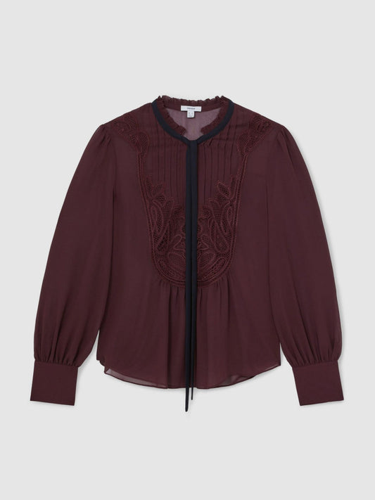 Lace-Embroidered Tie-Neck Shirt Burgundy | Womens