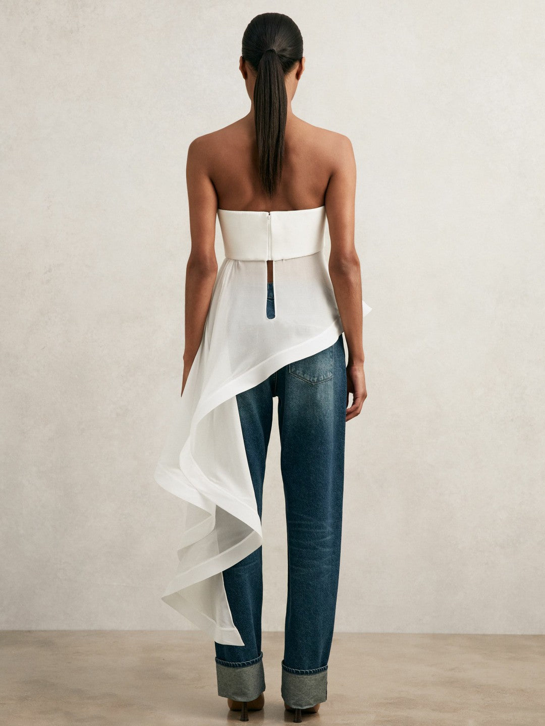 Silk Asymmetric-Ruffle Bandeau Top Ivory | Womens