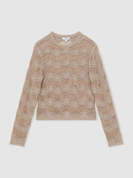 Cotton Blend Ladder Knit Top Taupe Neutral | Womens