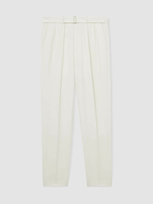 Wool-Blend Belted Pleated Trousers Regular-Fit White | Mens