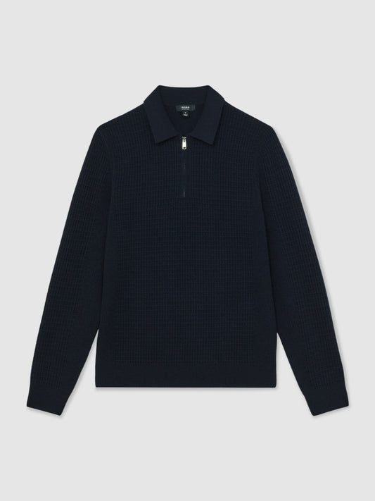 Wool Waffle-Knit Half-Zip Polo Shirt Navy | Mens