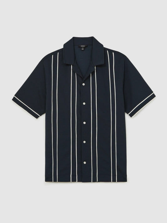 Piped-Stripe Cuban-Collar Shirt Navy/White | Mens