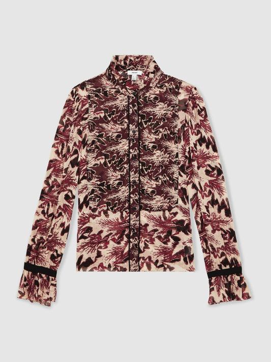 Abstract-Print Ruffle-Neck Shirt Burgundy/Cream | Womens