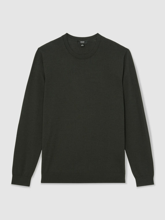 Merino Wool Crew Neck Jumper Dark Military Green | Mens