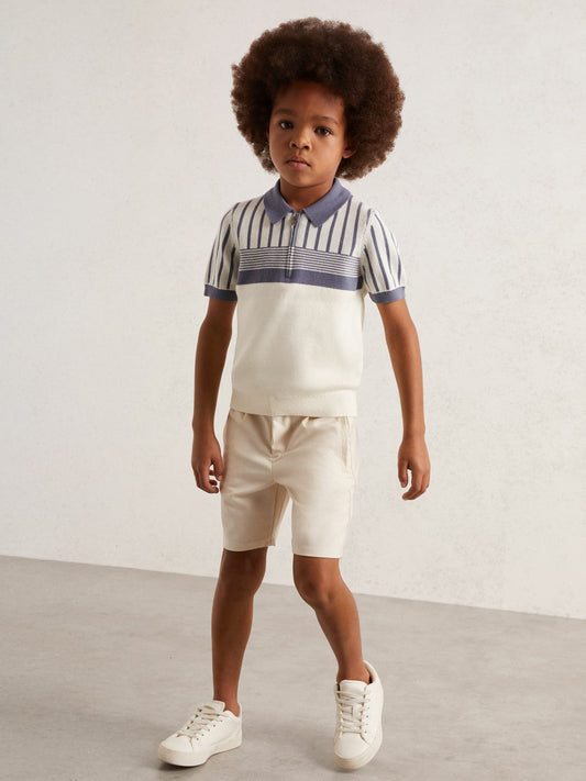 13-14 yrs Cotton Stripe Knit Half-Zip Polo Shirt Off White/ Airforce Blue | Children