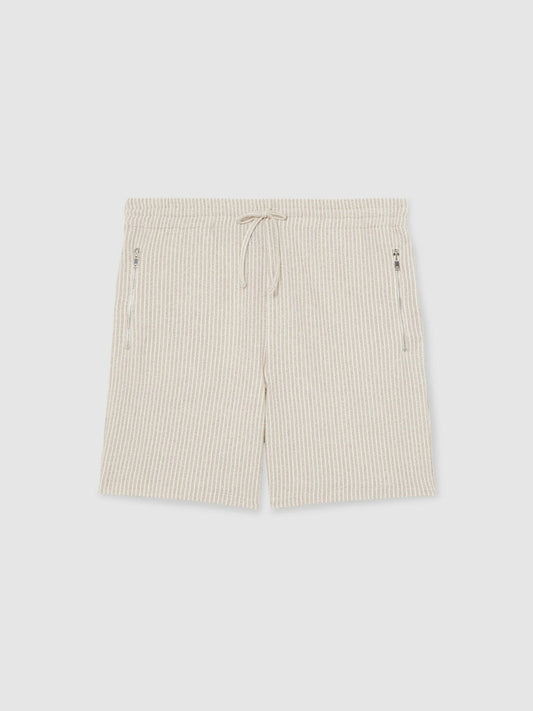 Cotton-Blend Stripe Drawstring Shorts Ecru/Taupe Brown | Mens