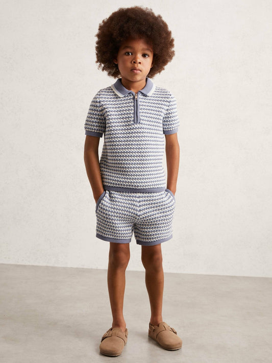 13-14 yrs Knitted Stripe Half-Zip Polo Shirt Blue/White | Children