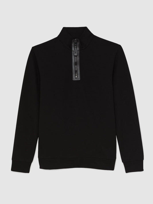 Leather-Placket Interlock Sweatshirt Black | Mens