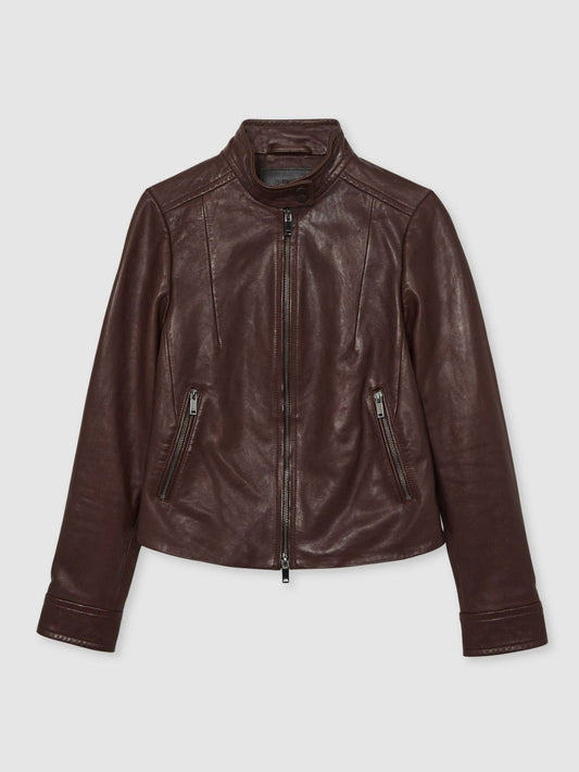 Fitted Leather Biker Jacket Burgundy | Womens