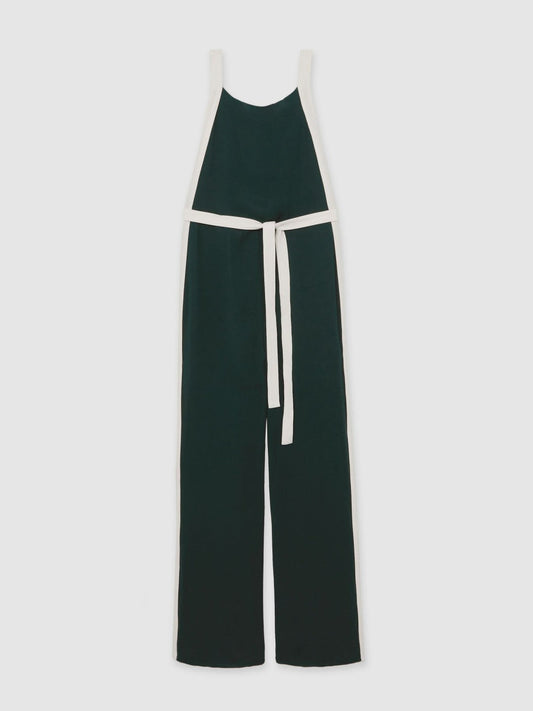 Colourblock Wide Leg Belted Jumpsuit Dark Green/Cream | Womens