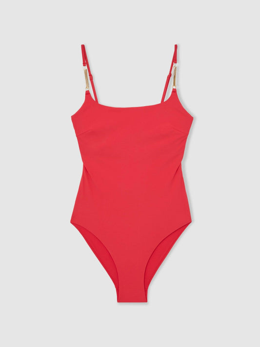 Hardware-Strap Cut-Out Swimsuit Coral Red | Womens