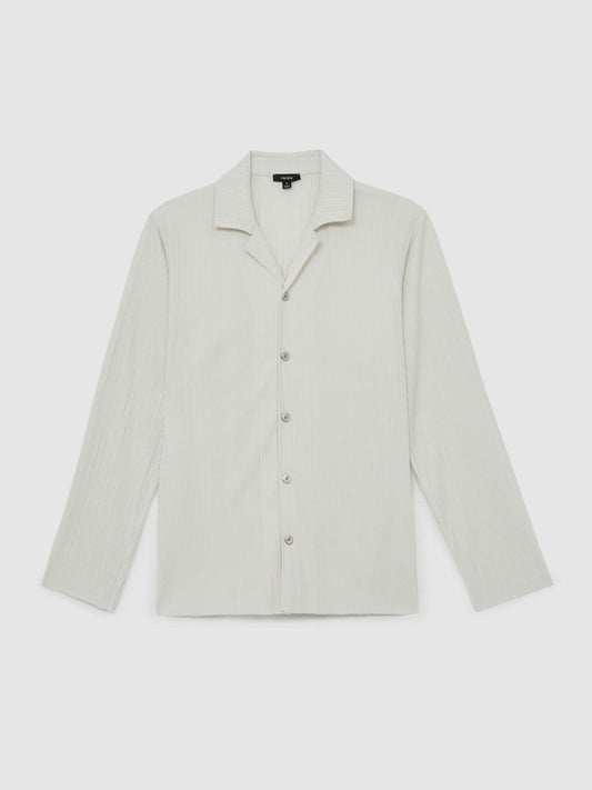 Plissé Cuban-Collar Long-Sleeve Shirt Off White | Mens
