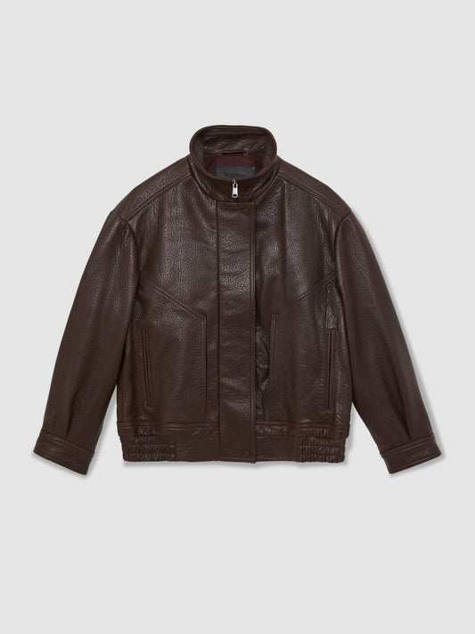 Oversize Grained-Leather Bomber Jacket Burgundy | Womens