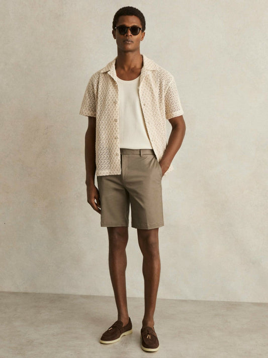 Oe Hampton Cotton Chino Shorts with Stretch Taupe | Mens