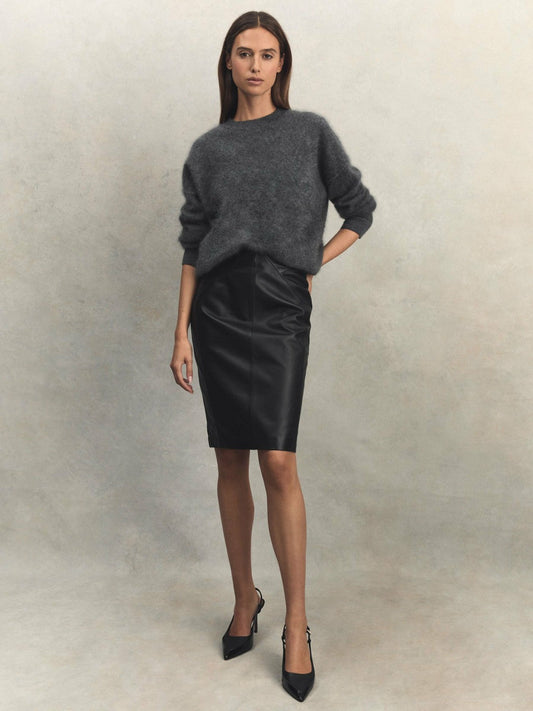 Leather High Rise Midi Skirt Black | Womens