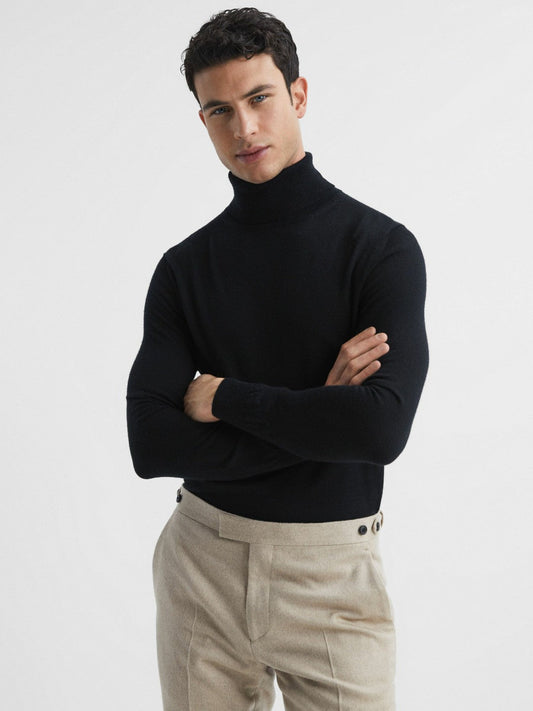 Slim Fit Merino Wool Roll Neck Jumper Black | Mens