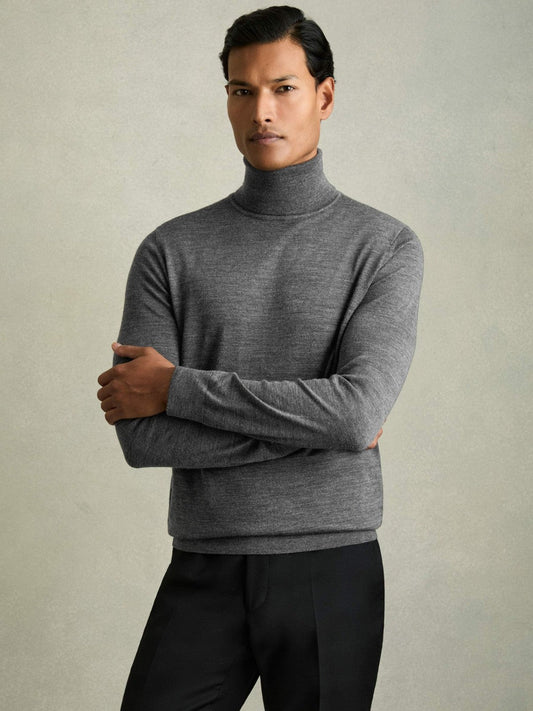 Slim Fit Merino Wool Roll Neck Jumper Derby Grey Marl | Mens