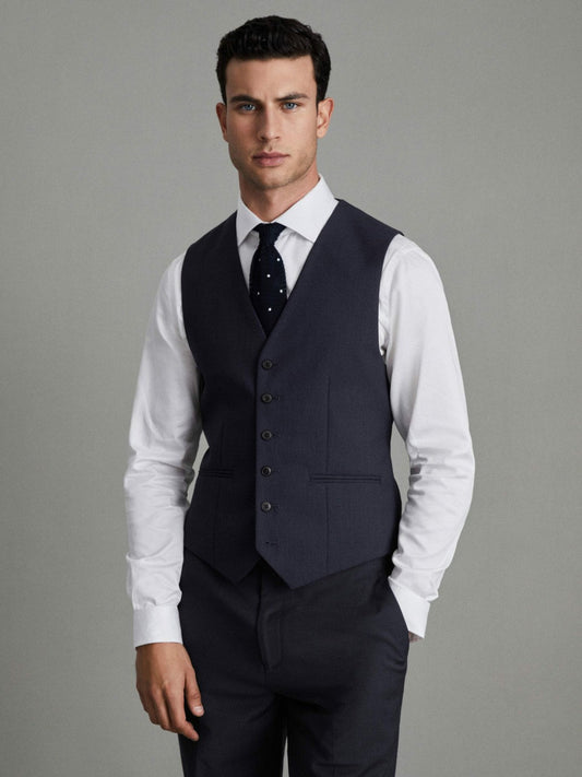 Modern Fit Wool Blend Waistcoat Navy | Mens