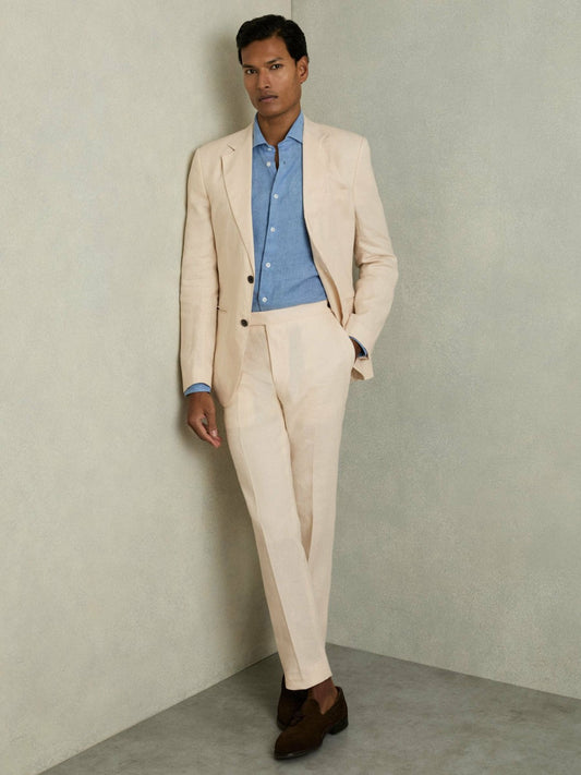 Slim Fit Linen Adjuster Trousers Stone | Mens