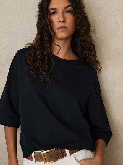 Oversized Cotton Crew Neck T-Shirt Navy | Womens