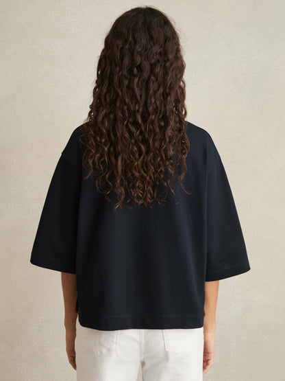 Oversized Cotton Crew Neck T-Shirt Navy | Womens