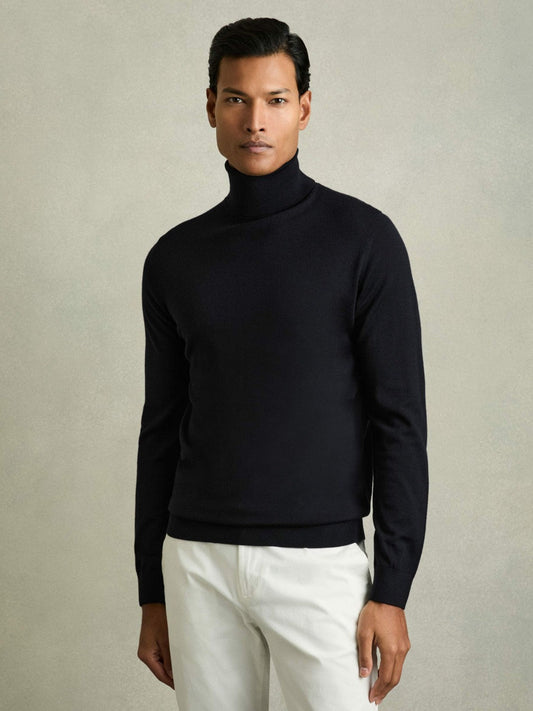 Slim Fit Merino Wool Roll Neck Jumper Navy | Mens