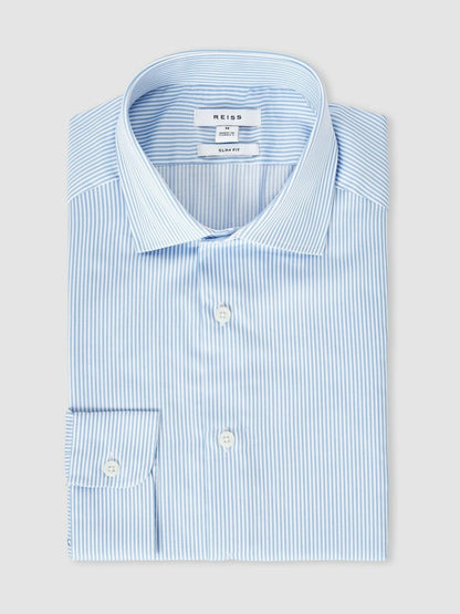 Slim Fit Cotton-Satin Cutaway-Collar Shirt Blue Stripe | Mens