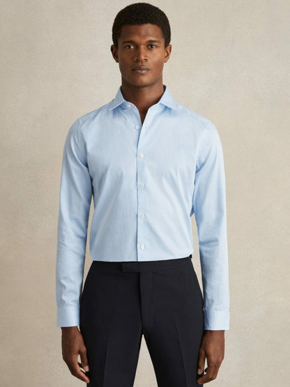 Slim Fit Cotton-Satin Cutaway-Collar Shirt Blue Stripe | Mens