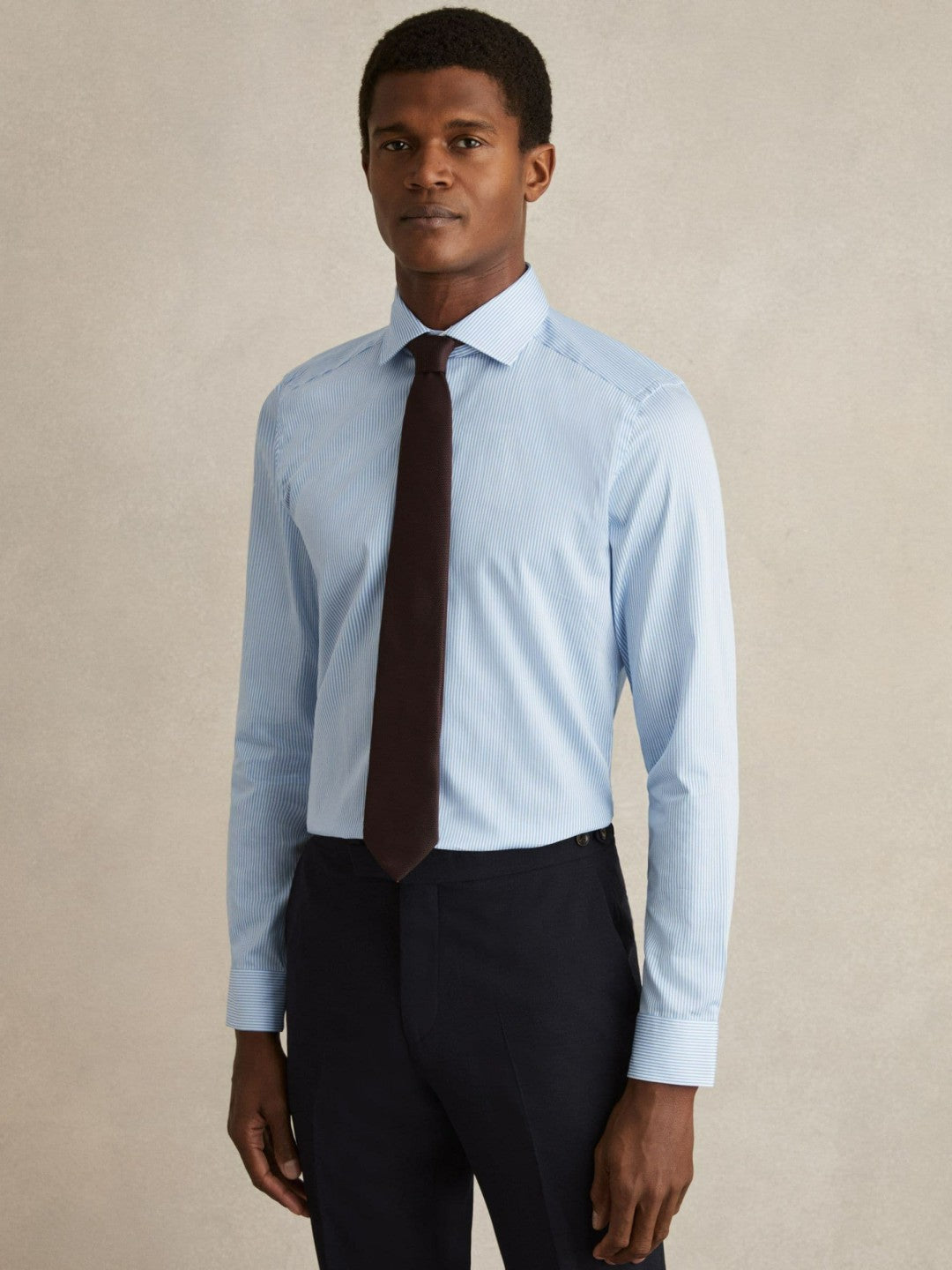 Slim Fit Cotton-Satin Cutaway-Collar Shirt Blue Stripe | Mens