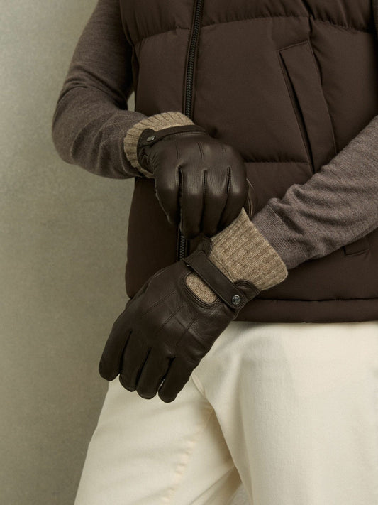 Leather Ribbed-Cuff Gloves Dark Brown | Mens