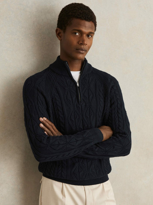 Cable-Knit Half-Zip Jumper Navy | Mens