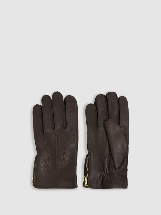 Leather Zip-Side Gloves Dark Brown | Mens