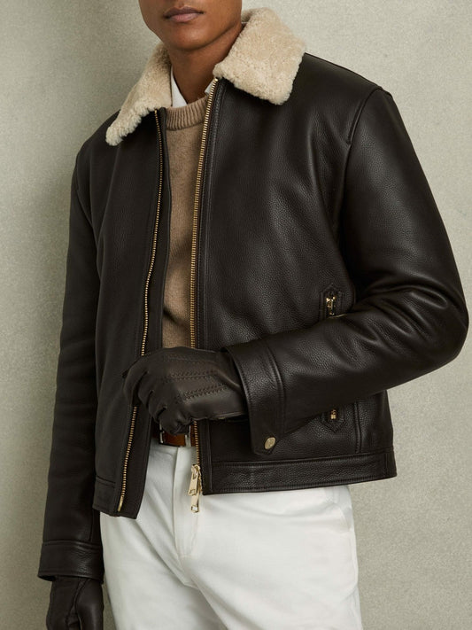 Leather Zip-Side Gloves Dark Brown | Mens