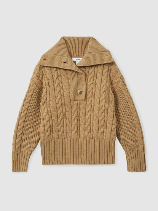 13-14 yrs Cotton-Blend Open-Collar Cable-Knit Jumper With Wool Camel | Children